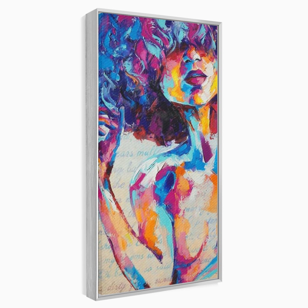 Tablou canvas cu tablou canvas cu portret artistic de femeie, in rama de aluminiu argintiu